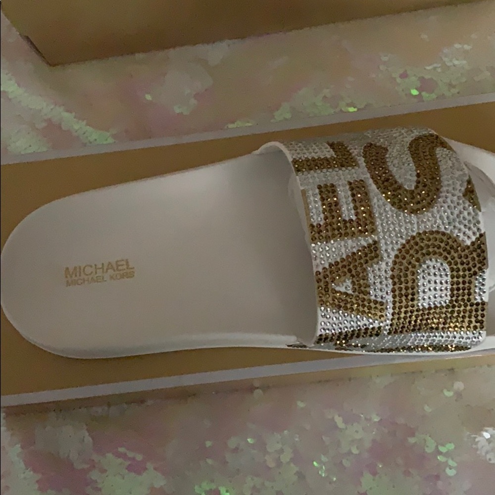 Brand New Michael Kors Gold Crystal Slides